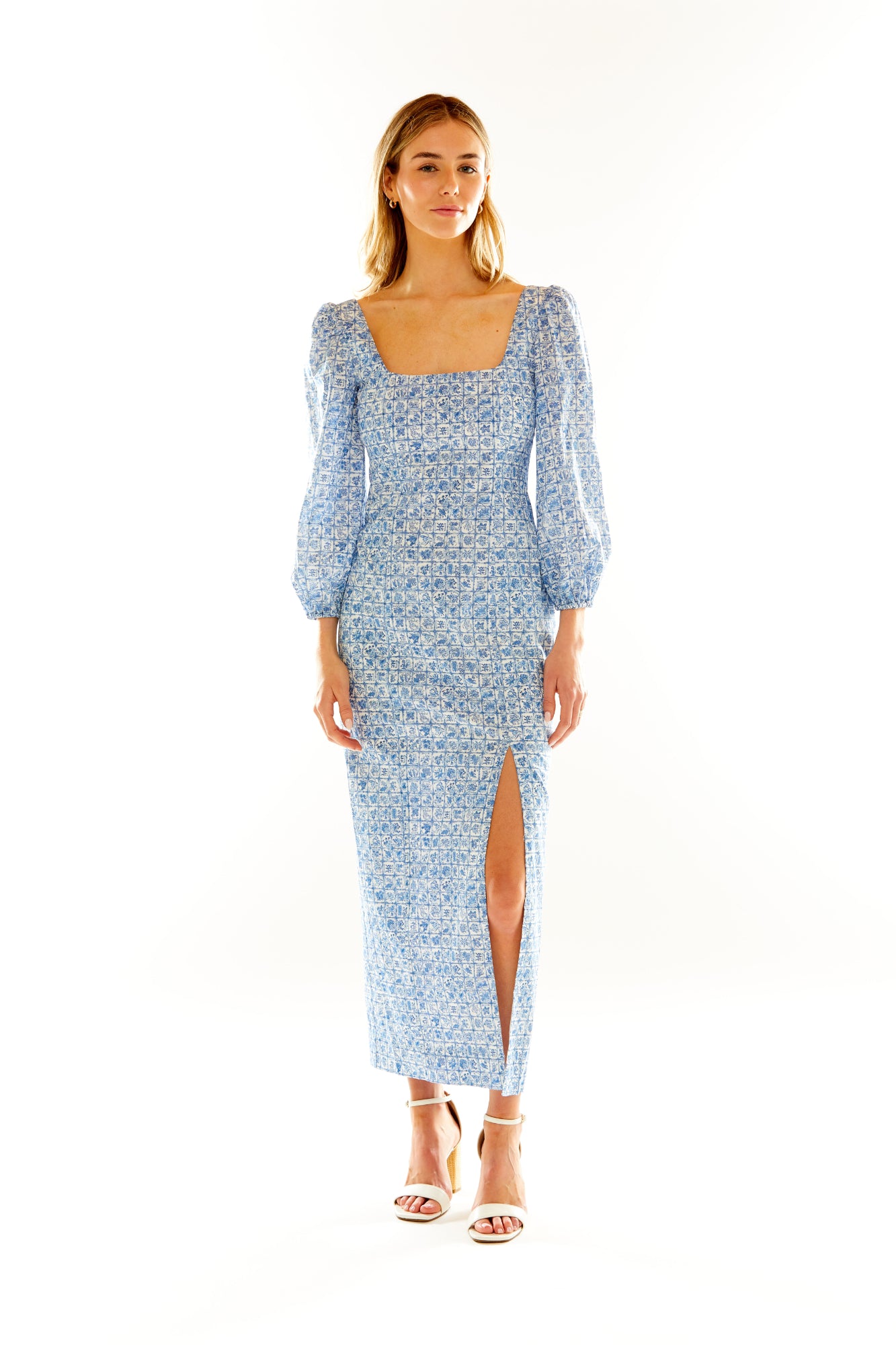 Woman in Blue Floral Dress