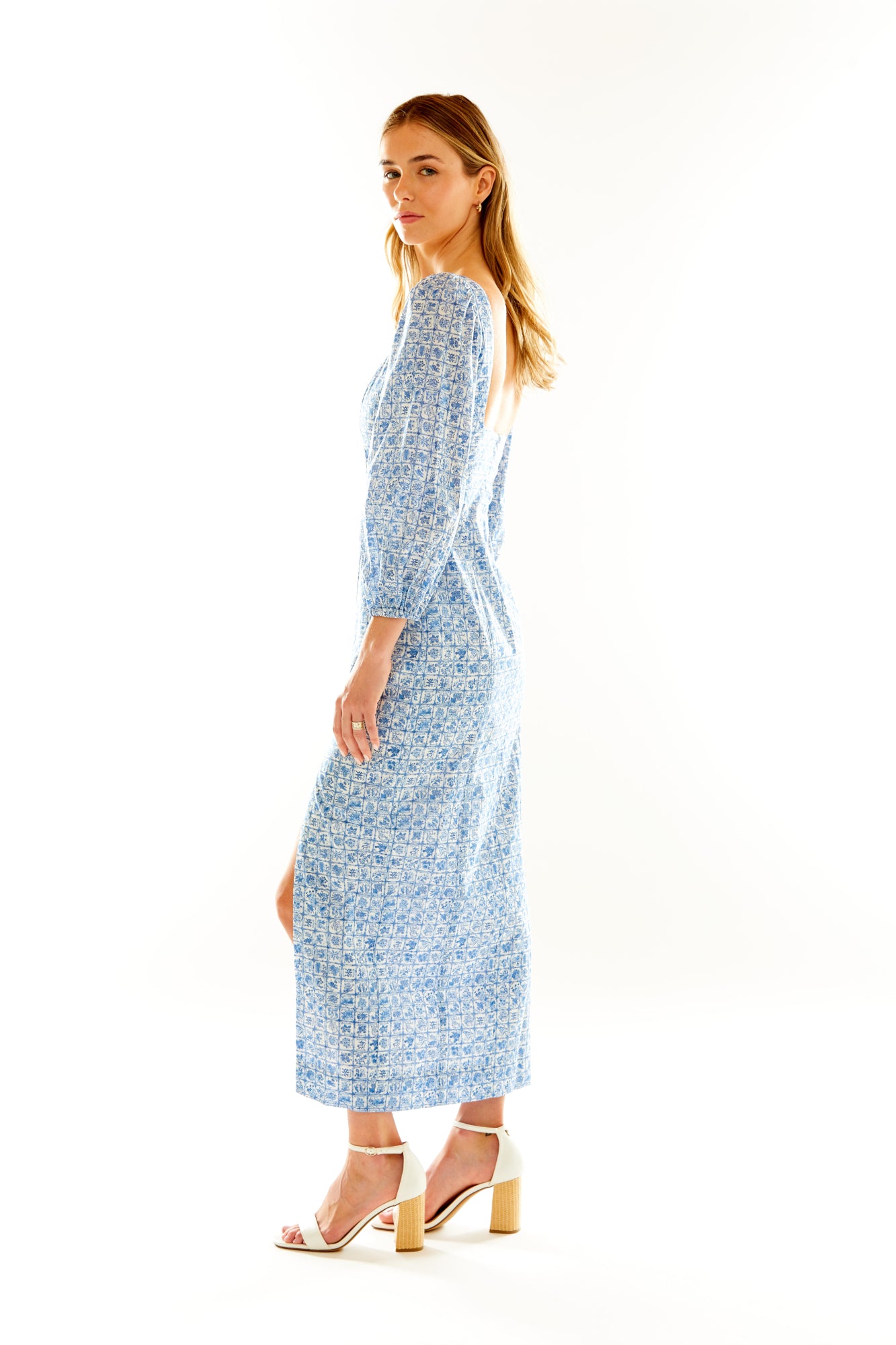 Woman in Blue Floral Dress