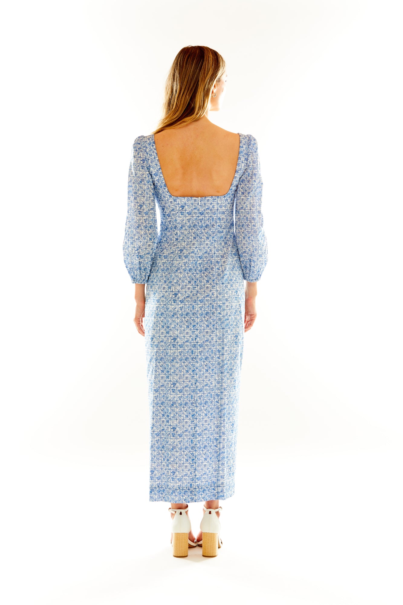 Woman in Blue Floral Dress