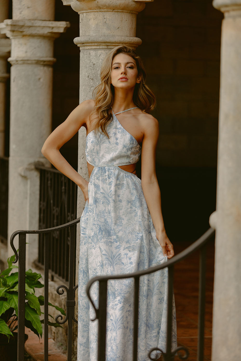 Woman in blue toile dress