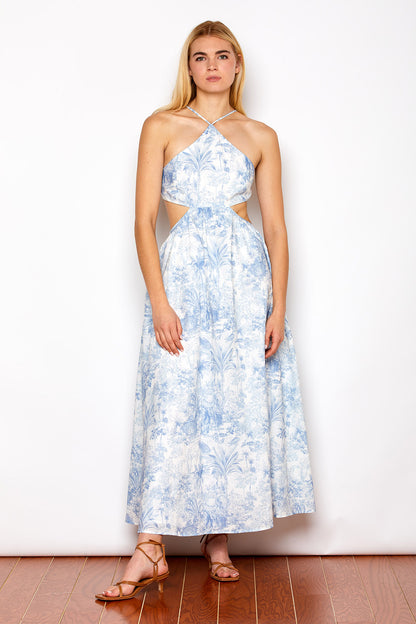 Front view of the Emily Dress in Blue Toile